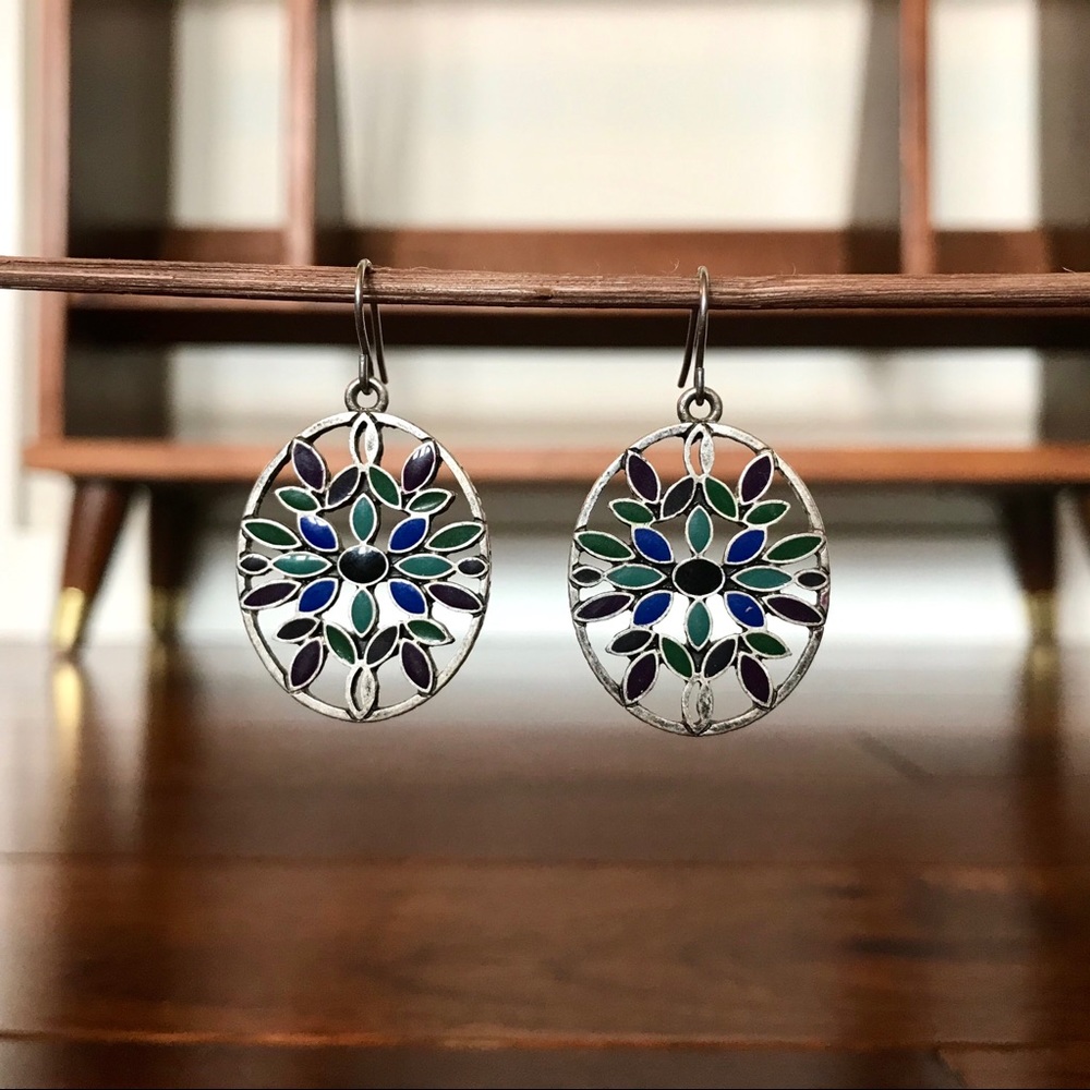 Oval 🍃 Leaf Earrings Silver Enamel Blue Green